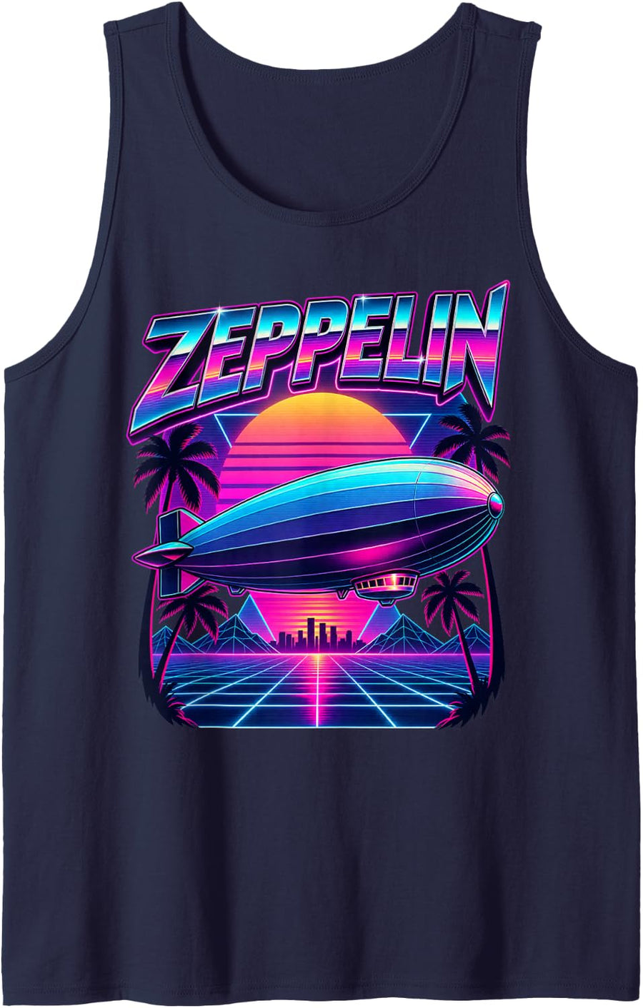Vaporwave Zeppelin Synthwave Retro 80s Airship Dirigible Sleeveless Tank Top - Navy Blue