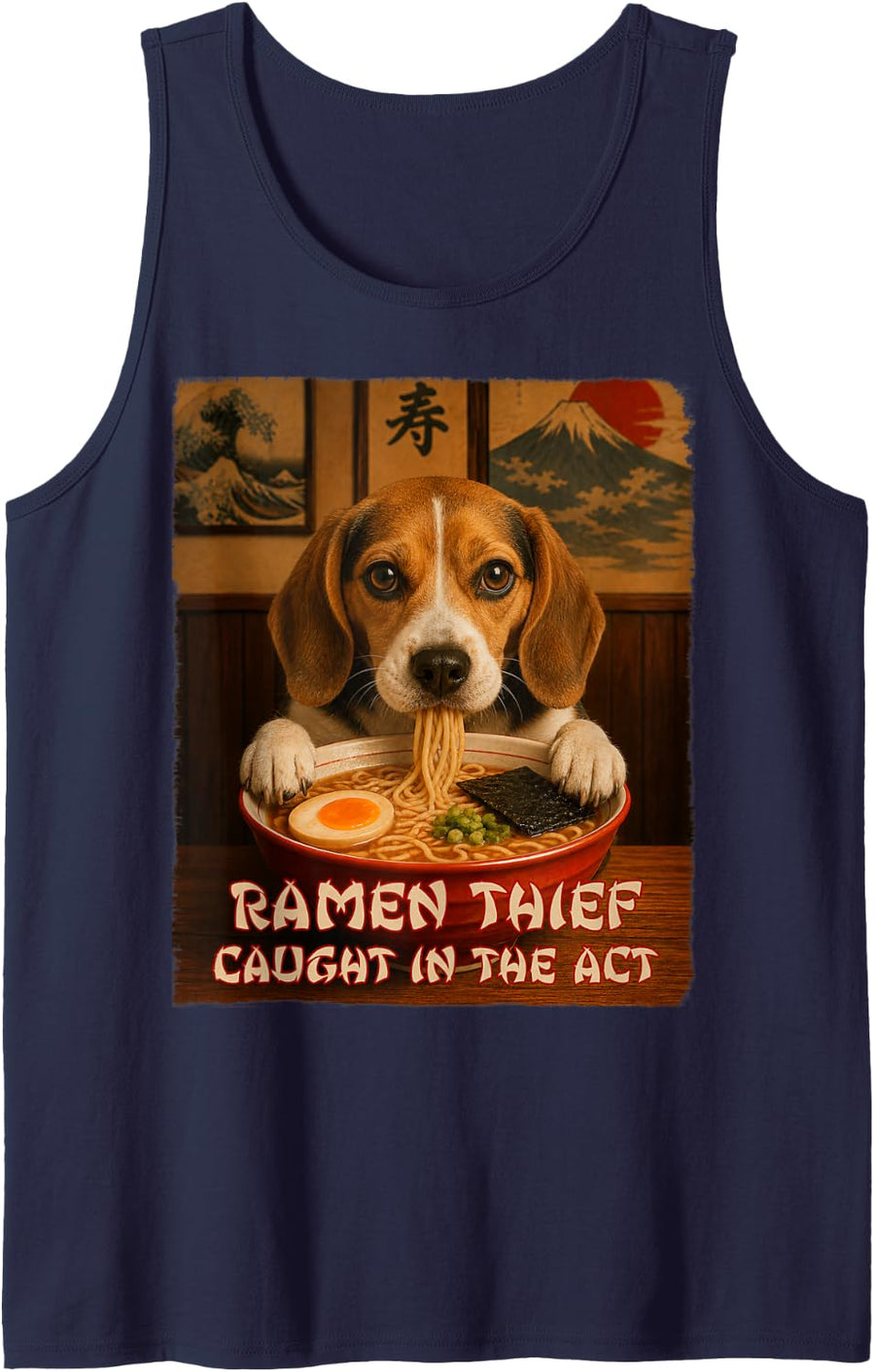 Funny Dog Tee - Beagle - Ramen Dog Thief Tank Top - Navy Blue