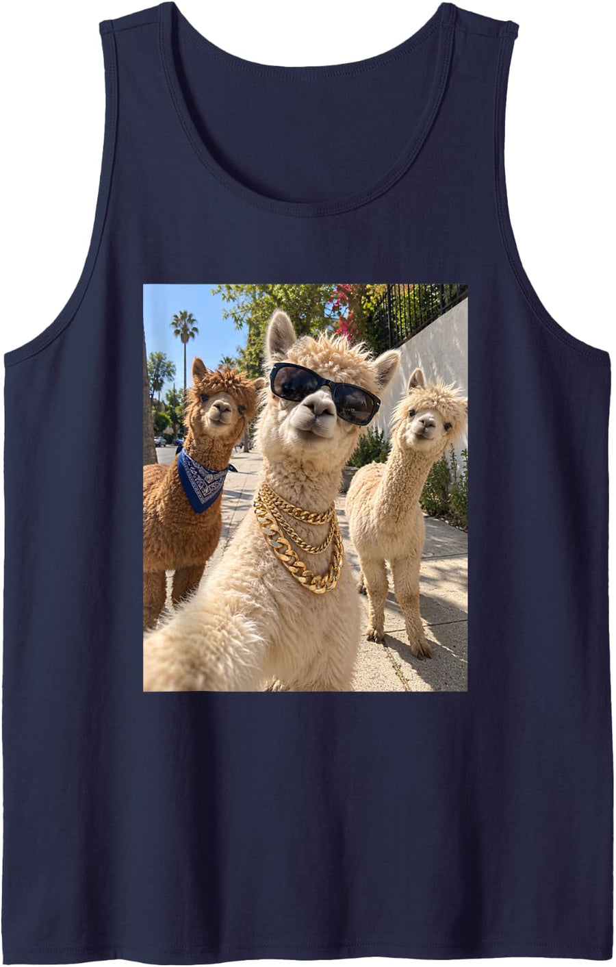Funny Alpaca Gold Chain Crew Gangster Farm Animal Meme Sleeveless Tank Top - Navy Blue