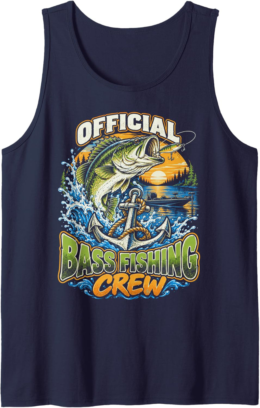 Fishing Bass Season Official Bass Fishing Crew Anchor Lake Sleeveless Tank Top - Navy Blue