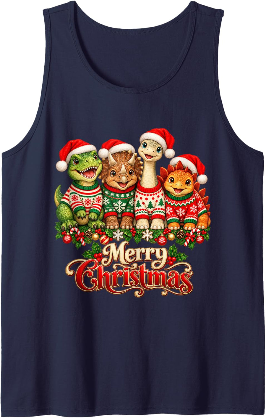 Merry Christmas Dinosaurs Santa Hat Holiday Animal Lover Sleeveless Tank Top - Navy Blue