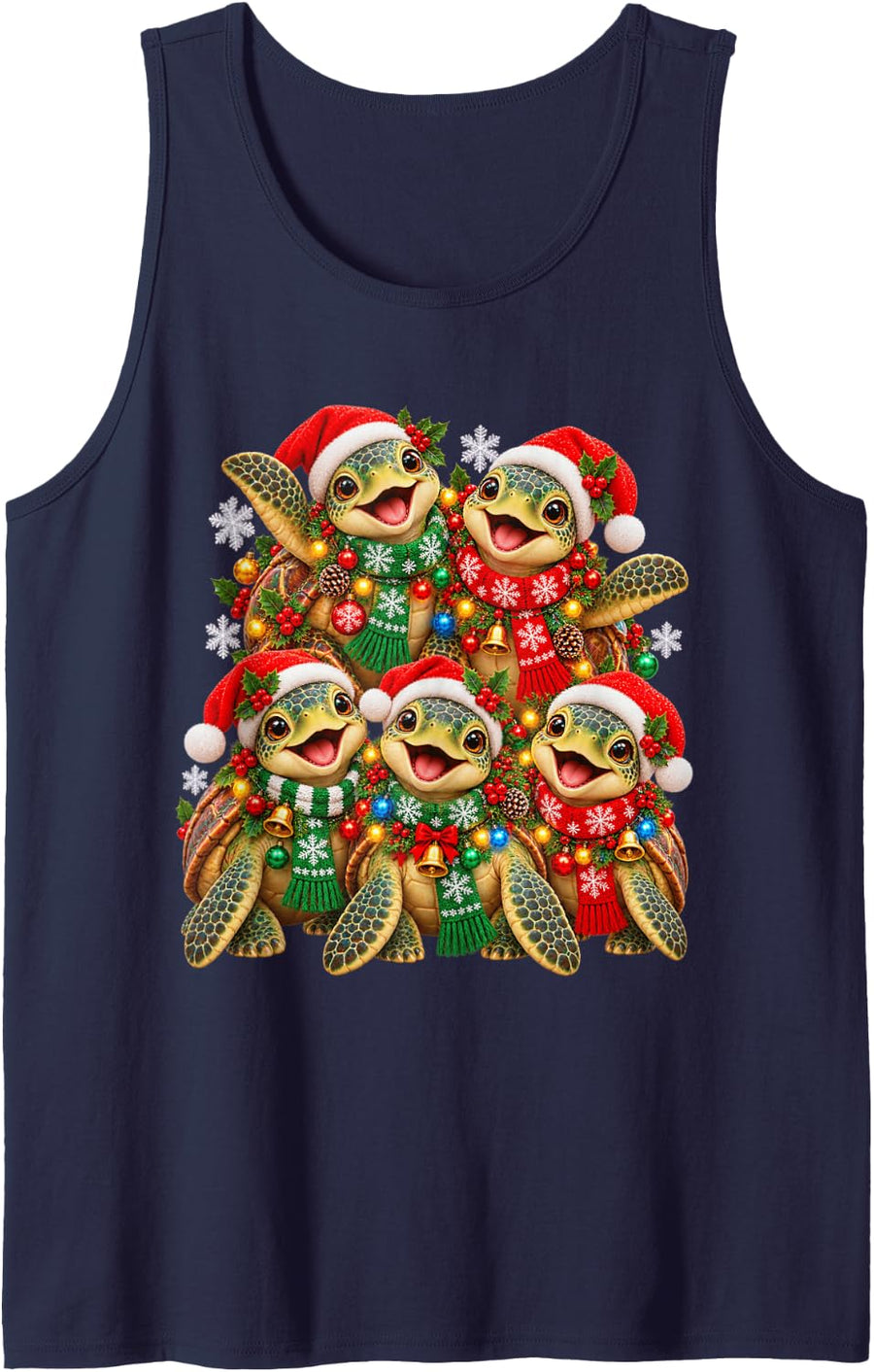 Christmas Lights Turtle Santa Funny Xmas Trees Sleeveless Tank Top - Navy Blue