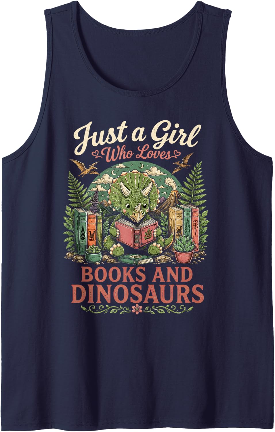 Just Girl Who Loves Books Dinosaur Triceratops Reading Lover Sleeveless Tank Top - Navy Blue