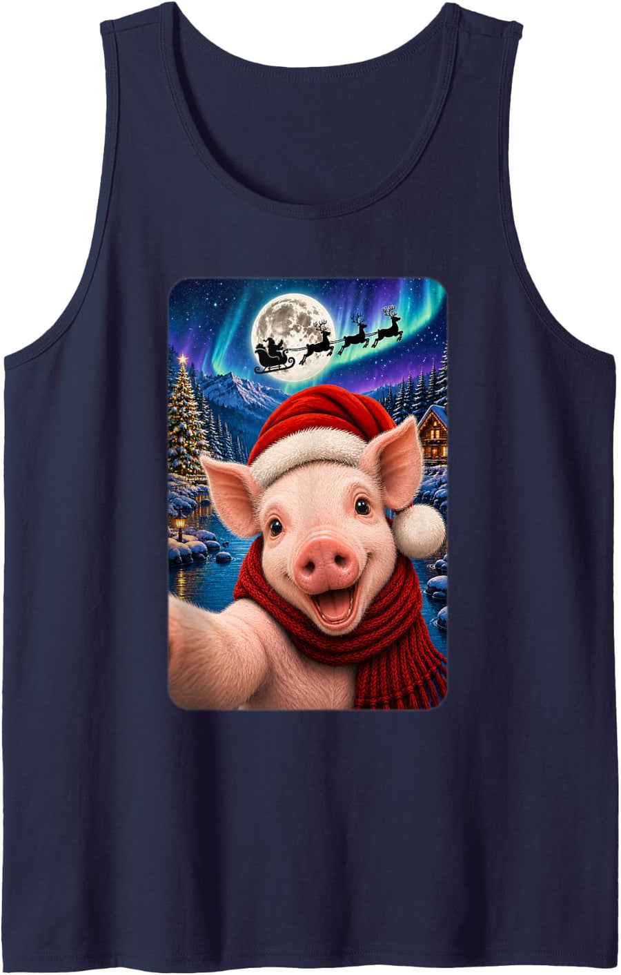 Cute Santa Hat Pig Christmas Selfie Sleeveless Tank Top - Navy Blue