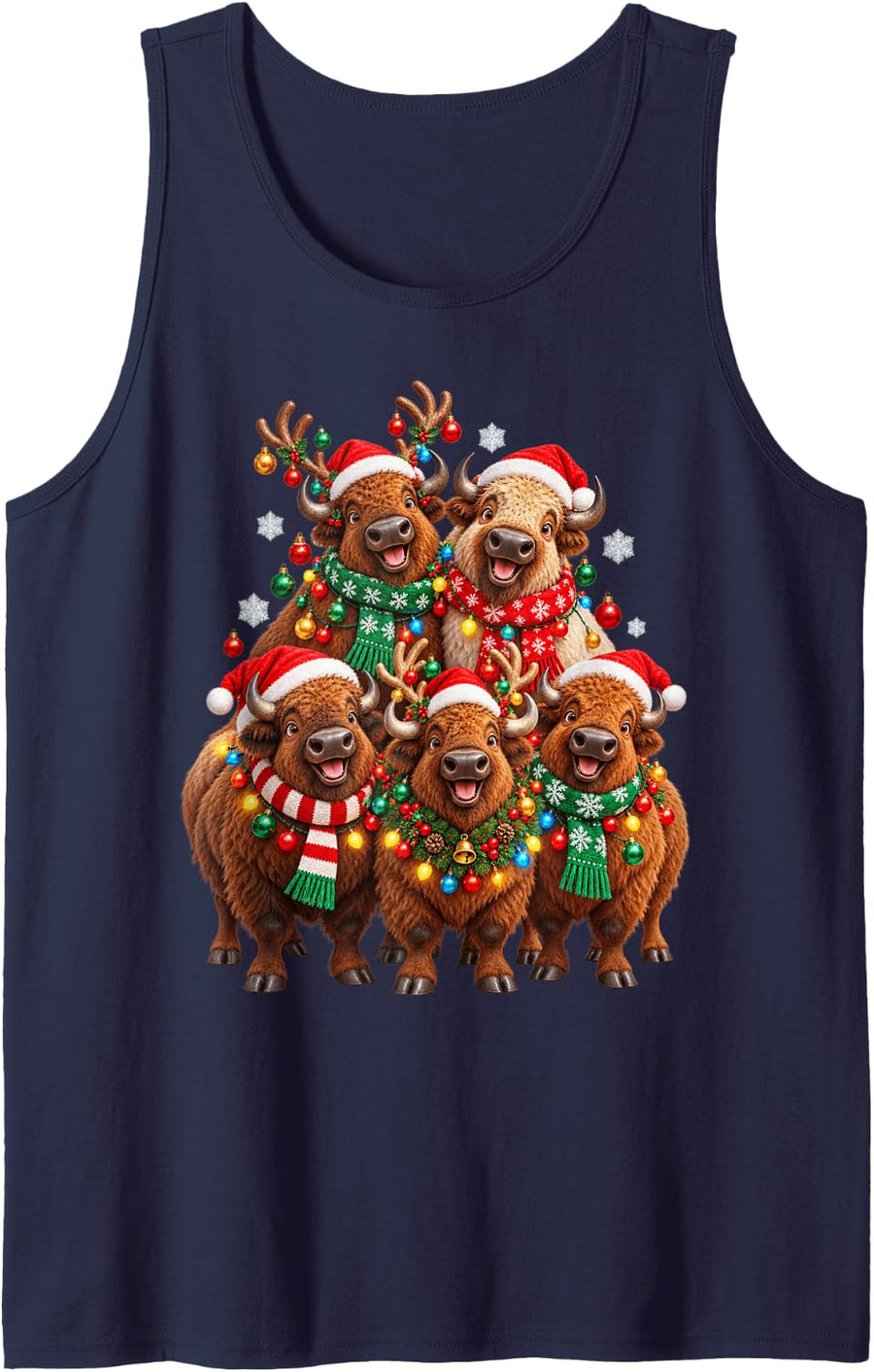 Christmas Lights Bison Santa Funny Xmas Trees Sleeveless Tank Top - Navy Blue