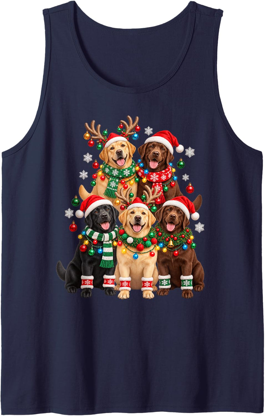 Christmas Lights Labrador Santa Funny Xmas Trees Sleeveless Tank Top - Navy Blue