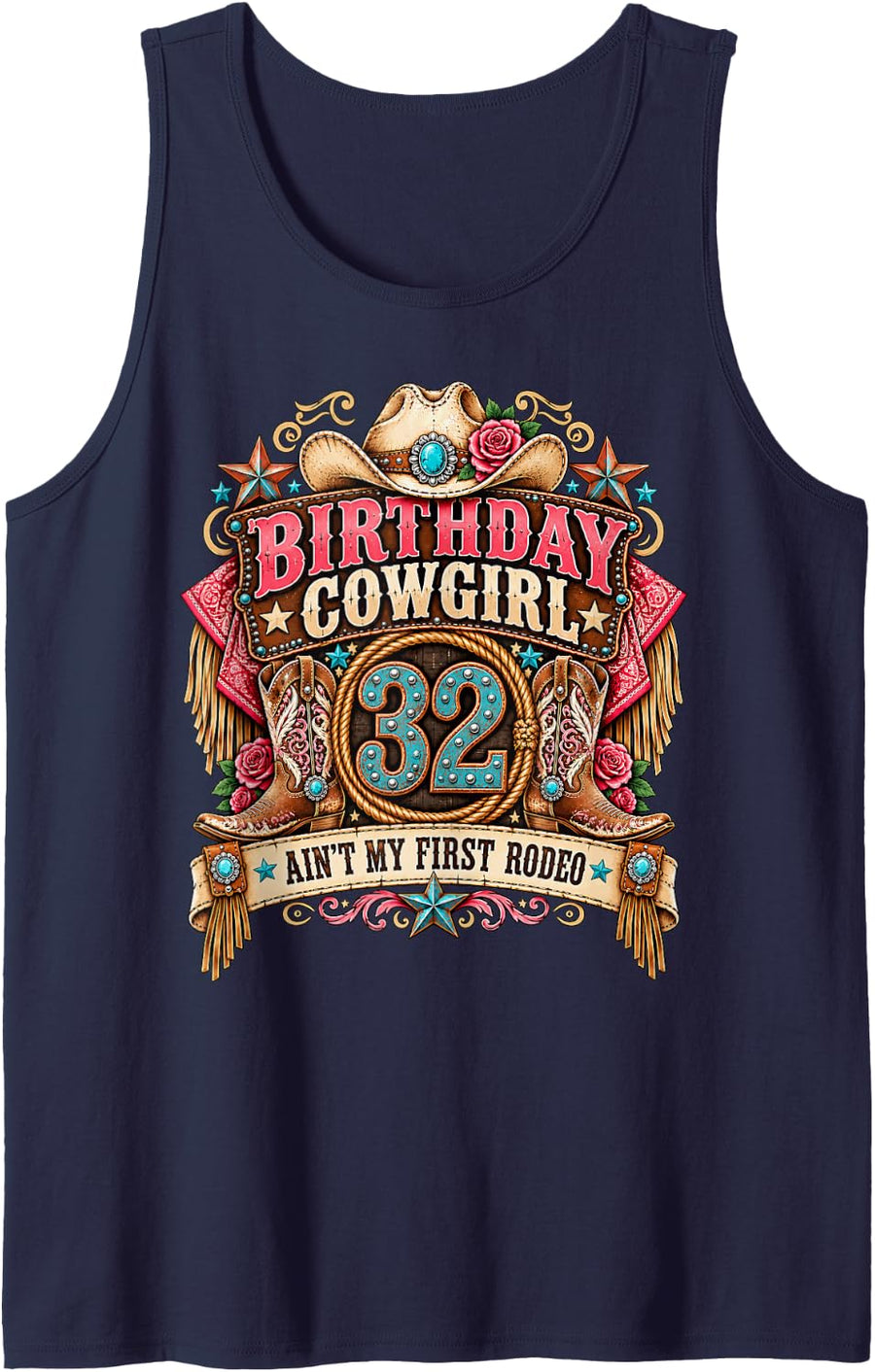 32nd Birthday Cowgirl 32 Year Old Country Western Girl Women Sleeveless Tank Top - Navy Blue