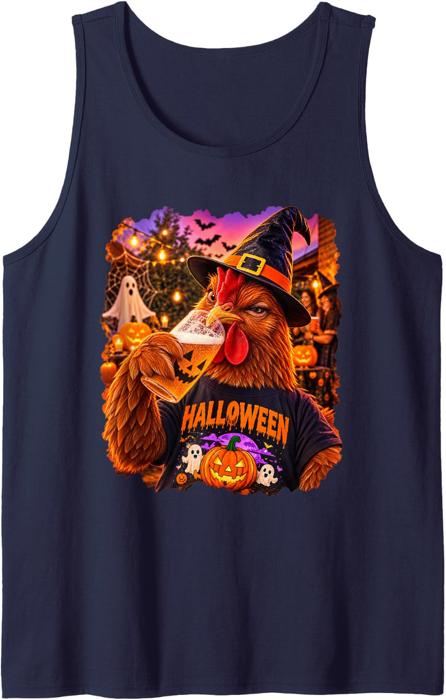 Halloween Witch Chicken Drinking Pumpkin Cup Funny Costume Tank Top - Navy Blue
