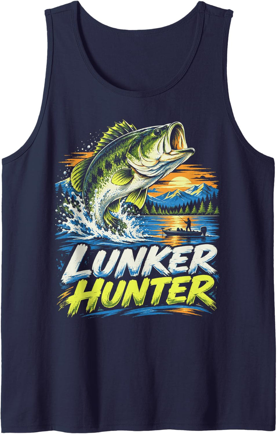 Fishing Bass Season Lunker Hunter Sunset Lake Angler Sleeveless Tank Top - Navy Blue