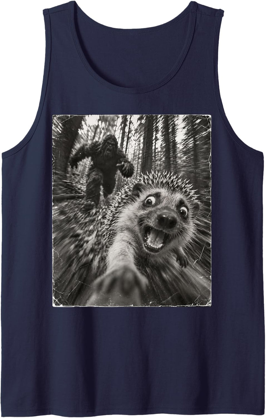 Vintage Bigfoot Running After Hedgehog Selfie Animal Sleeveless Tank Top - Navy Blue
