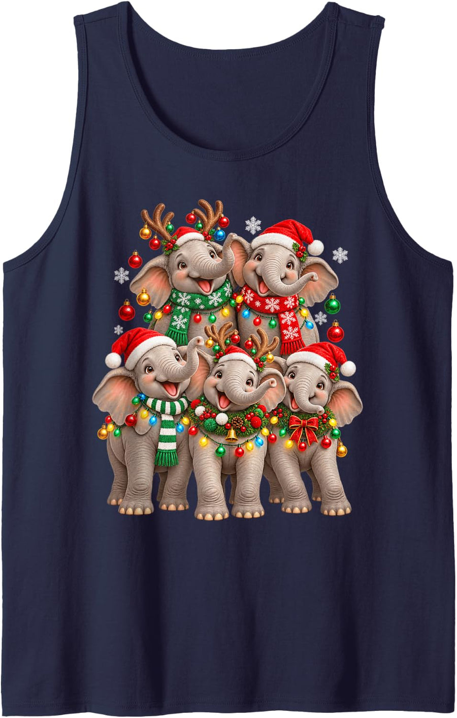 Christmas Lights Elephant Santa Funny Xmas Trees Sleeveless Tank Top - Navy Blue