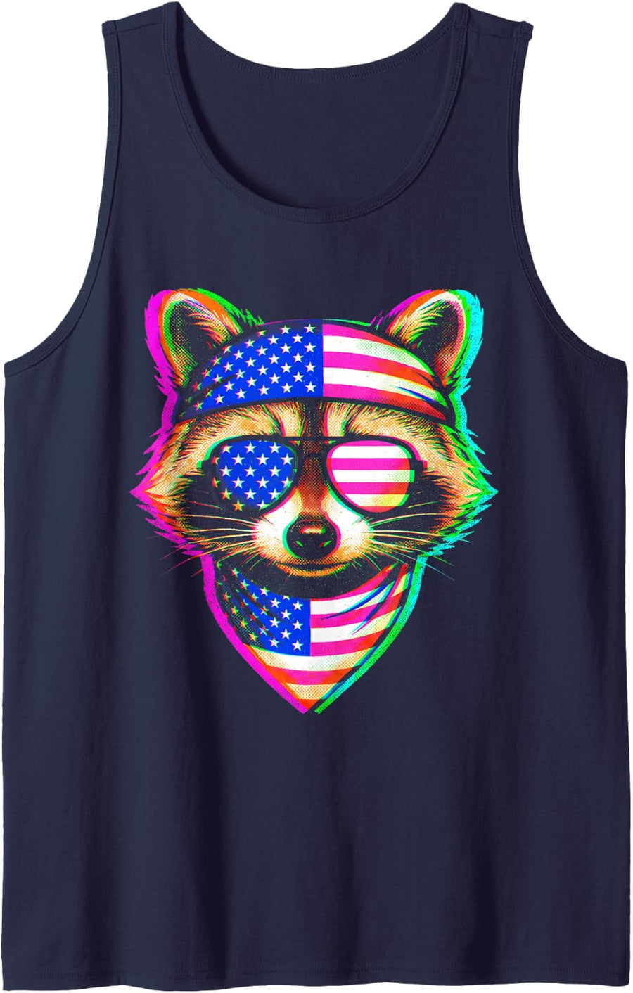 Patriotic Raccoon American Flag Sunglasses 4th of July Sleeveless Tank Top - Navy Blue