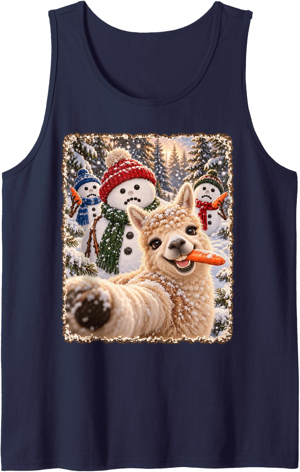 Funny Alpaca Silly Christmas Snowman Selfie Sleeveless Tank Top - Navy Blue