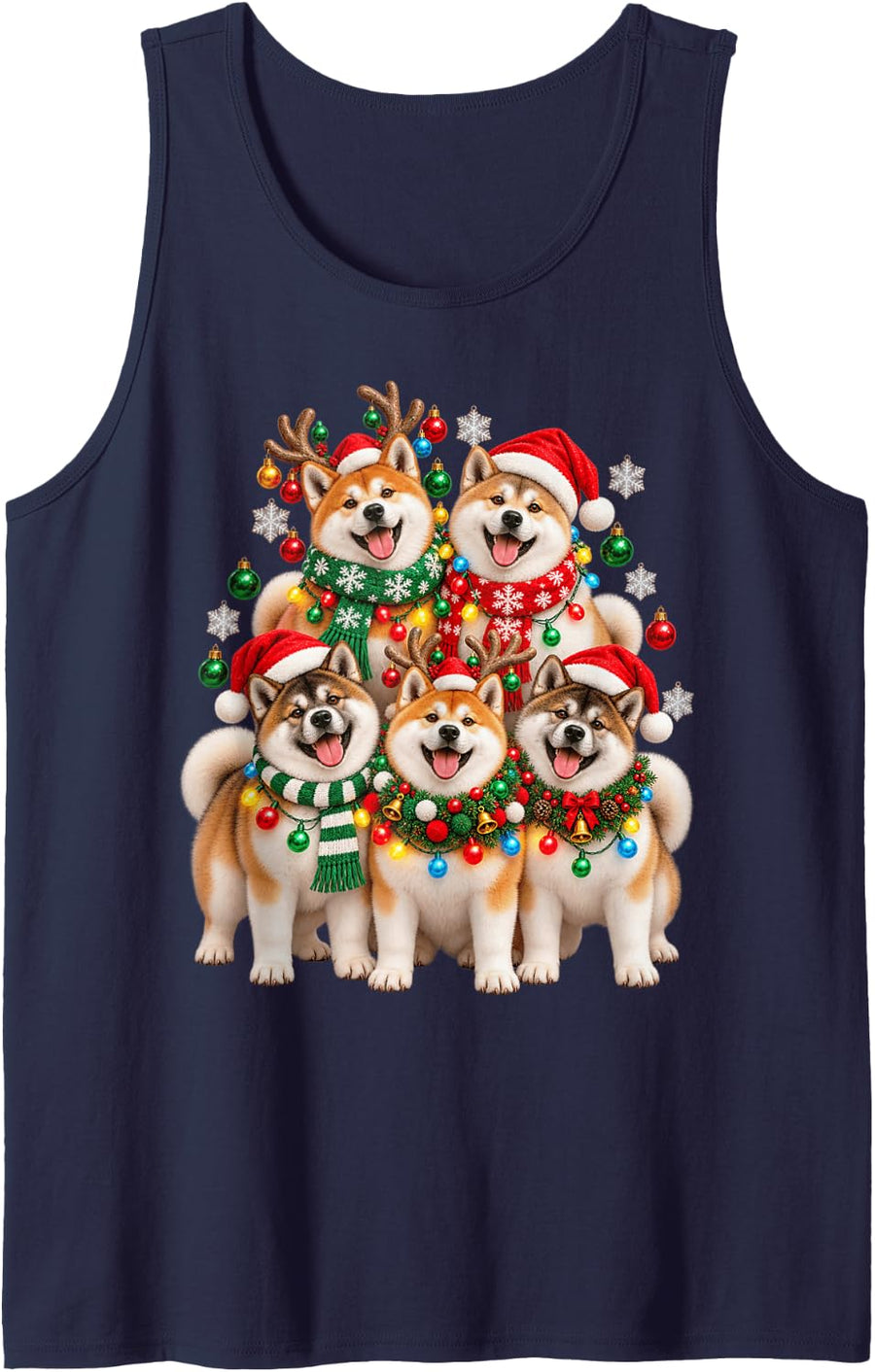 Christmas Lights Akita Santa Funny Xmas Trees Sleeveless Tank Top - Navy Blue