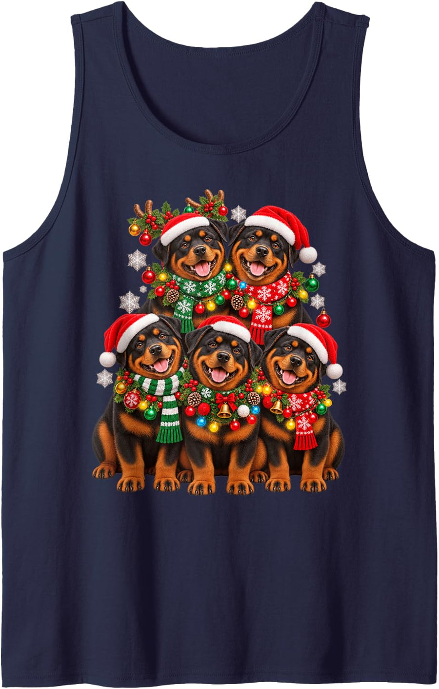 Christmas Lights Rottweiler Santa Funny Xmas Trees Sleeveless Tank Top - Navy Blue