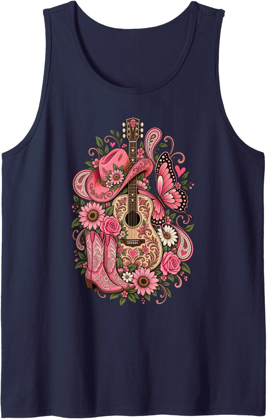 Pink Cowgirl Guitar Boots Butterfly Western Sleeveless Tank Top - Navy Blue