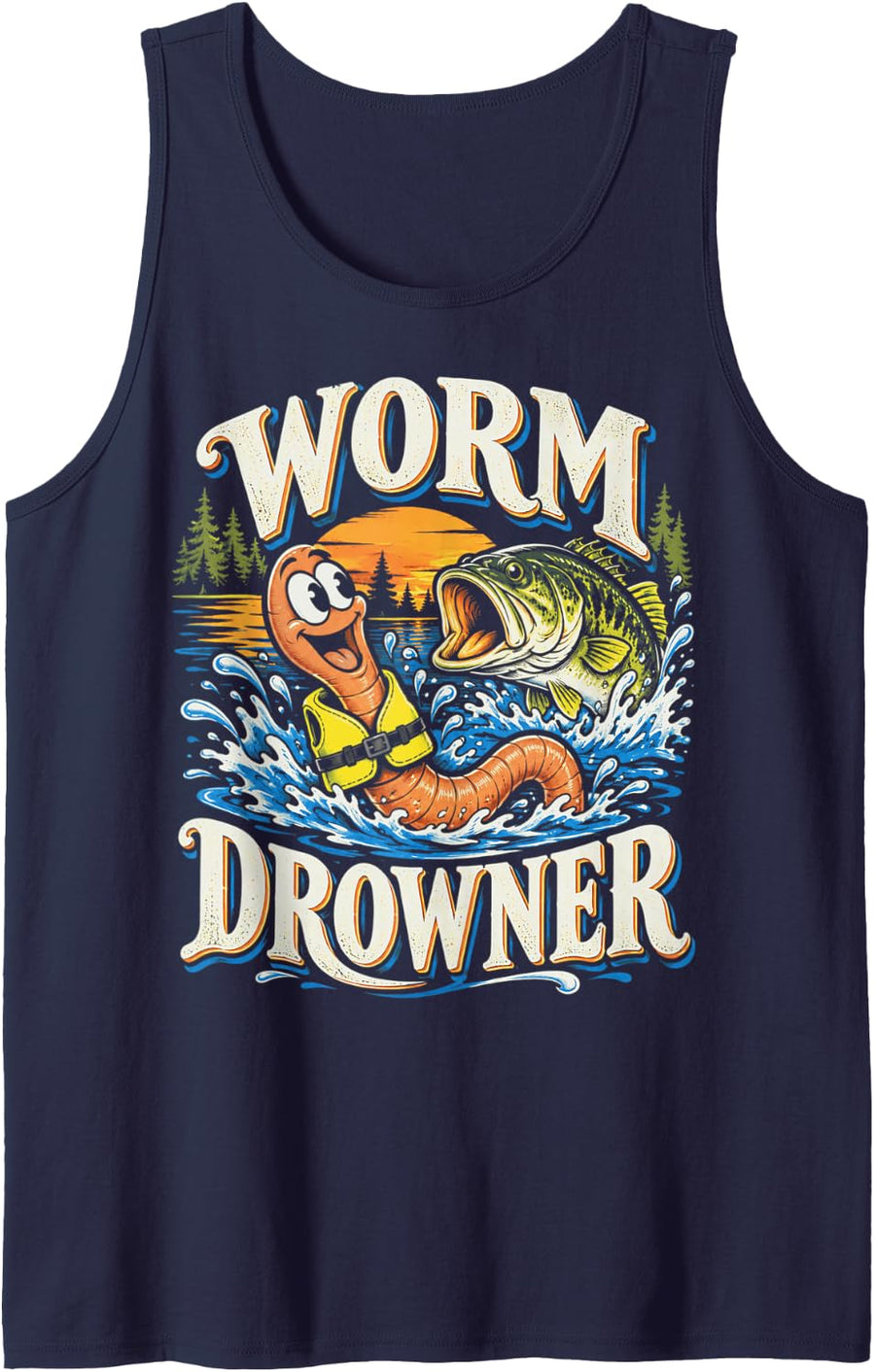 Fishing Bass Season Worm Drowner Funny Angler Lake Sleeveless Tank Top - Navy Blue