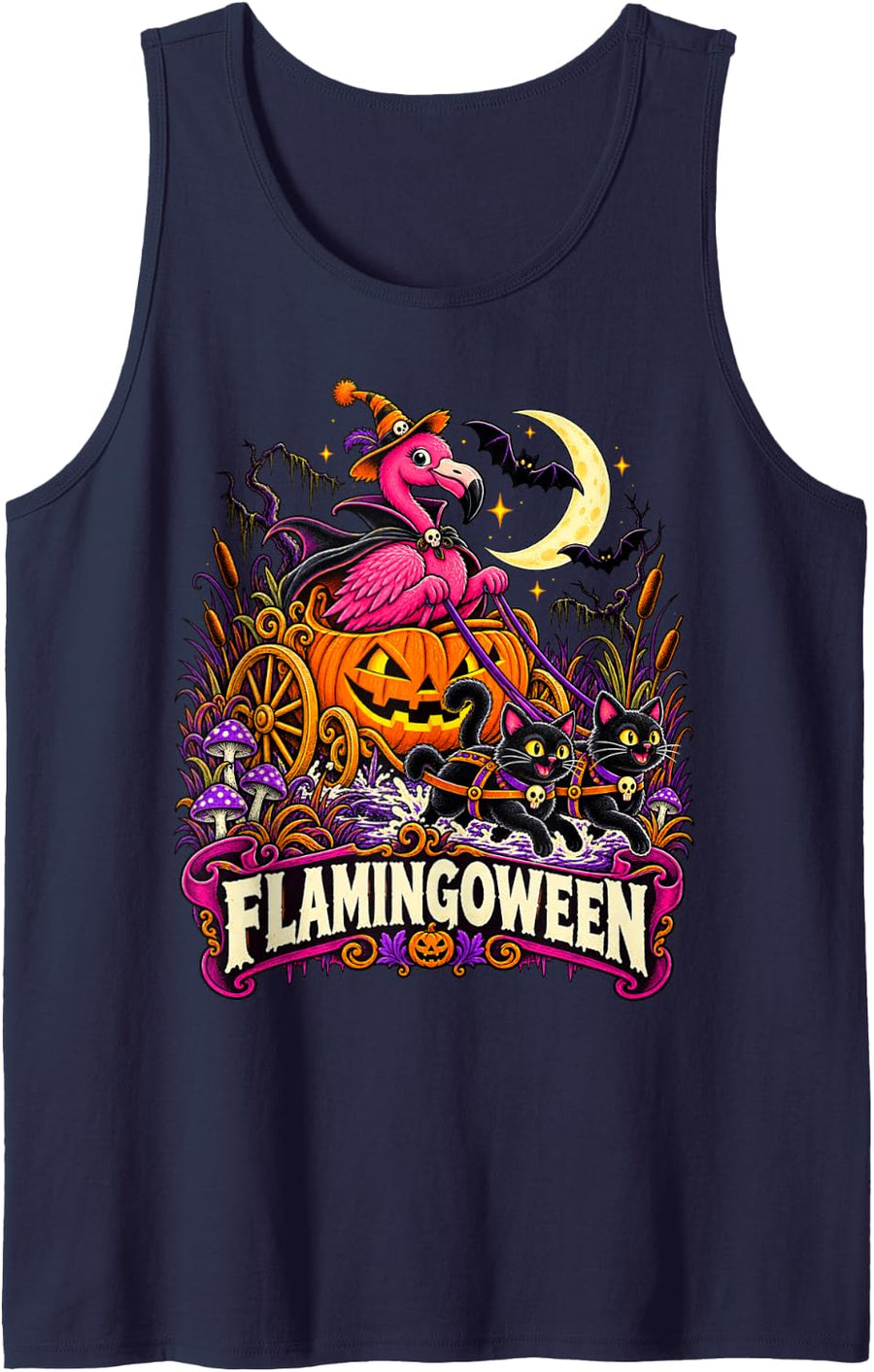 Halloween Flamingo Pumpkin Carriage & Cats - Flamingoween Sleeveless Tank Top - Navy Blue