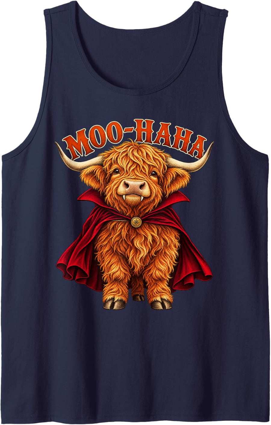 Highland Cow Vampire Cape Cute Halloween Calf - Moo-Haha Sleeveless Tank Top - Navy Blue