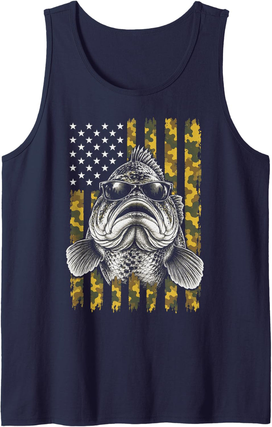 Fishing Bass Season Camo American Flag Sunglasses Angler Sleeveless Tank Top - Navy Blue