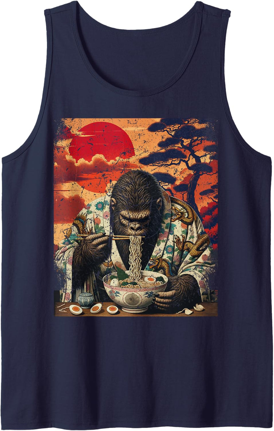 Bigfoot Sasquatch Funny Cryptid Japanese Ramen Vintage Tank Top - Navy Blue