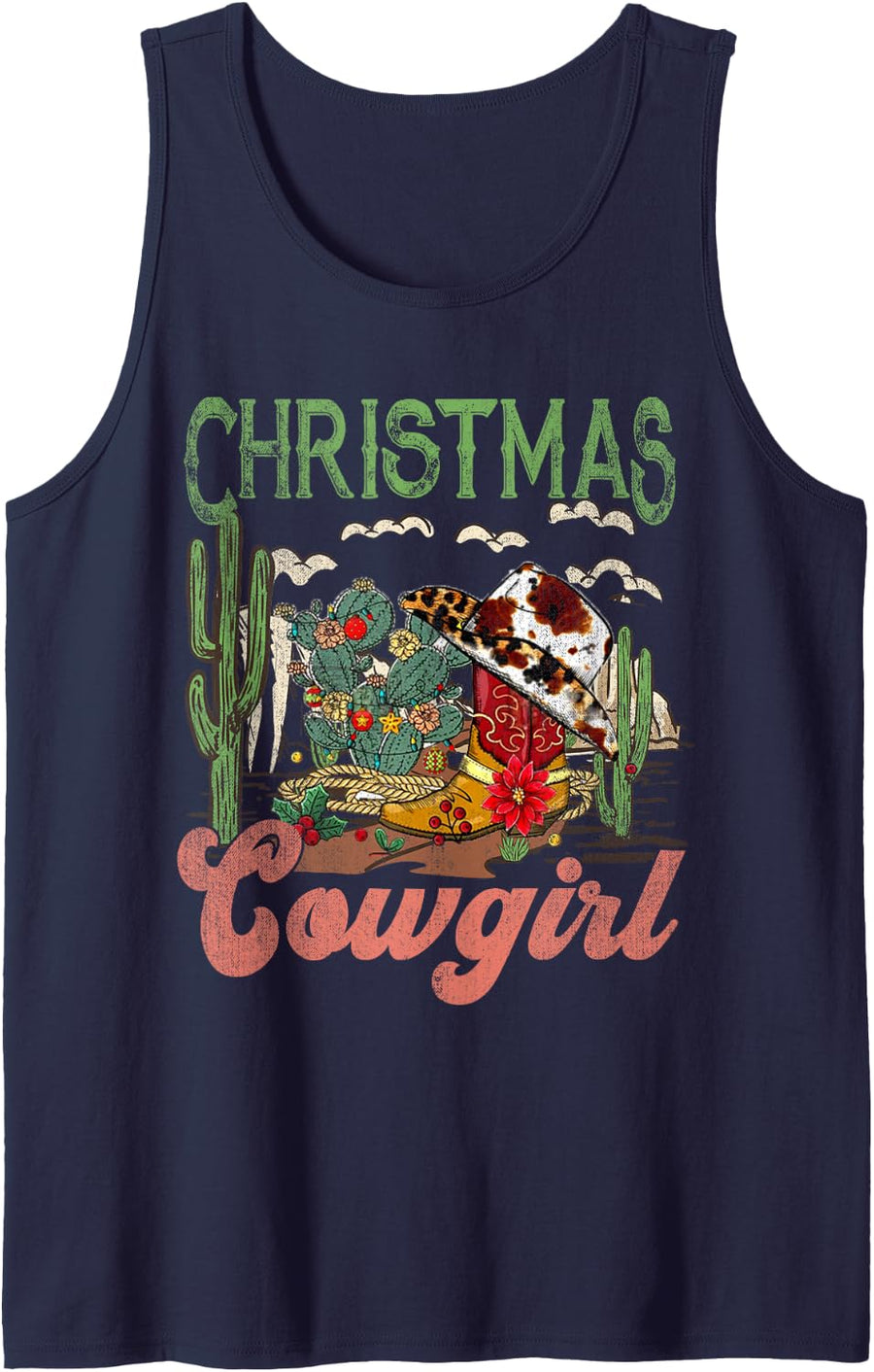 Christmas Cowgirl Western Christmas, Cowboy Christmas Boots Sleeveless Tank Top - Navy Blue