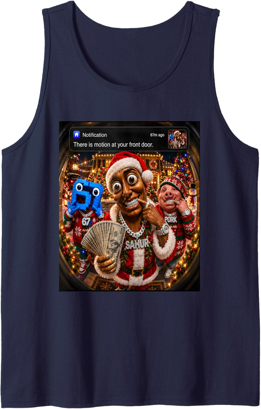 Motion At Your Front Tung Tung Sahur John Pork 67 Christmas Sleeveless Tank Top - Navy Blue