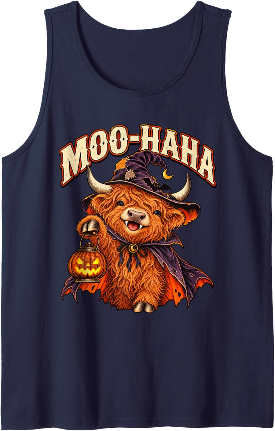 Moo-Haha Retro Halloween Highland Cow Witch Calf Sleeveless Tank Top - Navy Blue