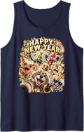 Happy New Year Cat Selfie Foam Splash Party Art Sleeveless Tank Top - Navy Blue