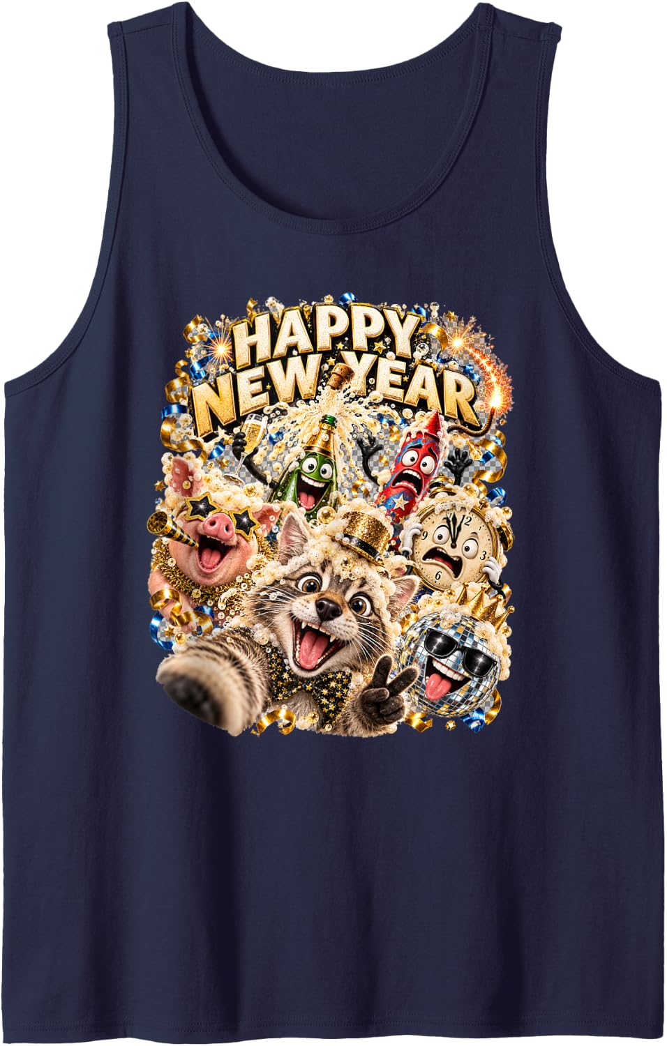 Happy New Year Cat Selfie Foam Splash Party Art Sleeveless Tank Top - Navy Blue