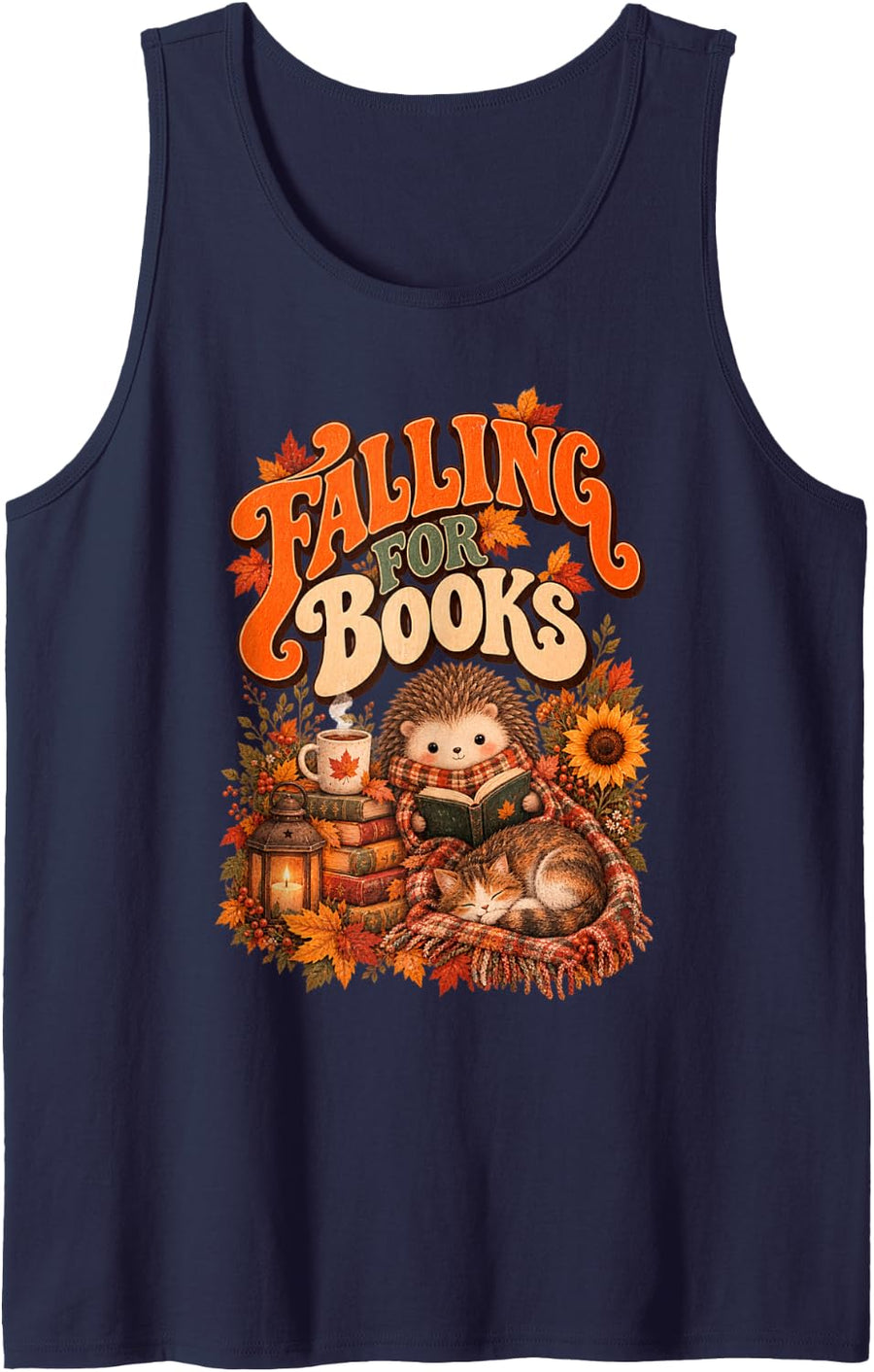 Vintage Fall Reading Hedgehog Cat Books Cozy Autumn Graphic Sleeveless Tank Top - Navy Blue