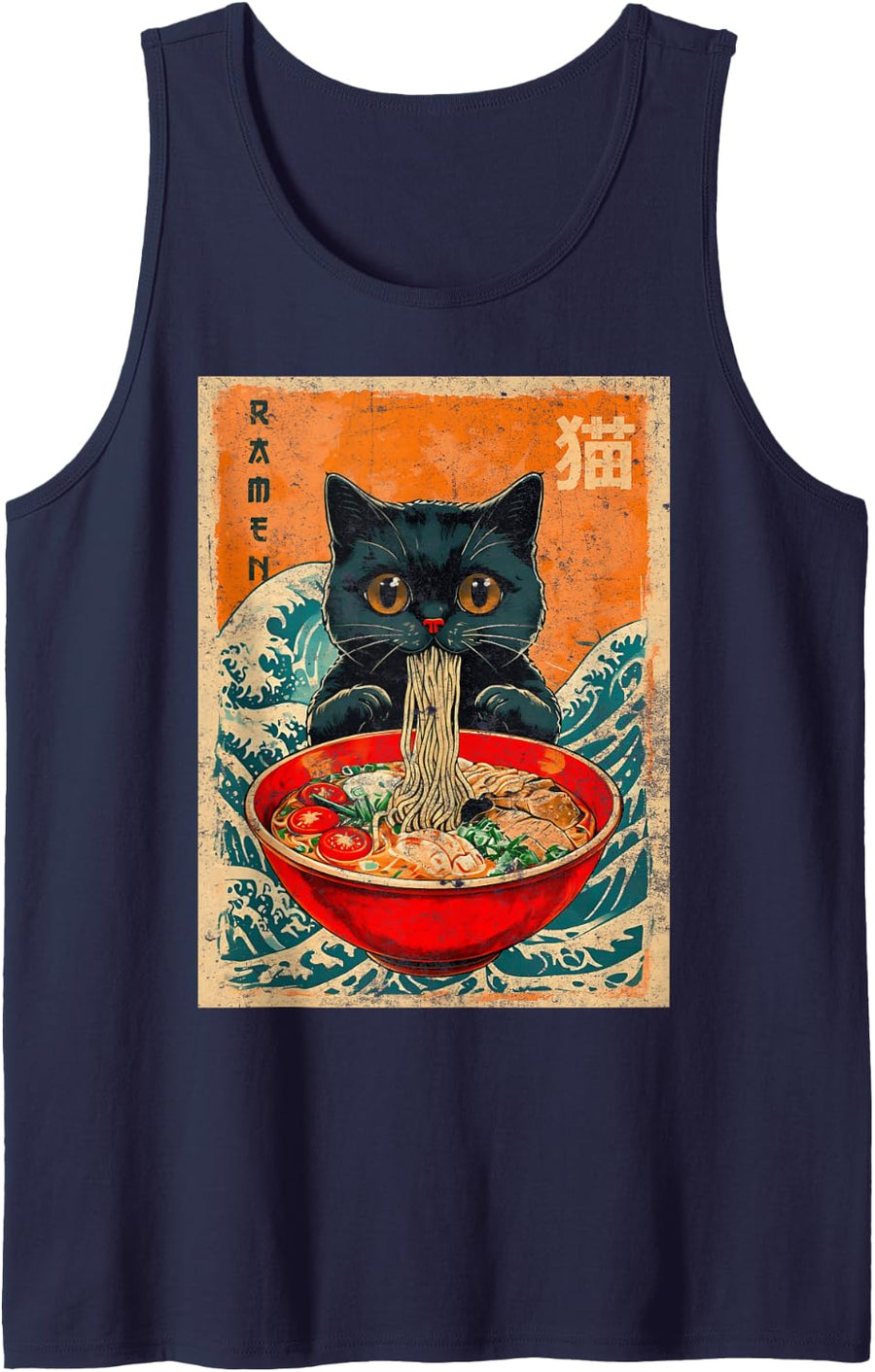Cat Ramen Japanese Anime Shirt Funny Graphic Tees Kawaii Cat Sleeveless Tank Top - Navy Blue