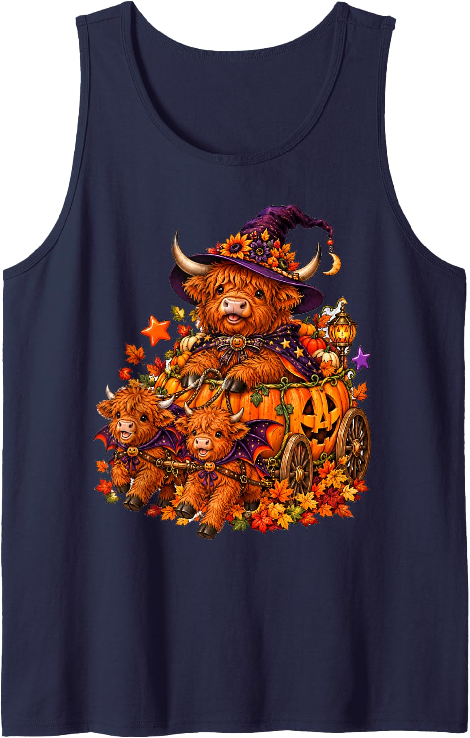 Halloween Highland Cow Witch in Jack O Lantern Carriage Sleeveless Tank Top - Navy Blue