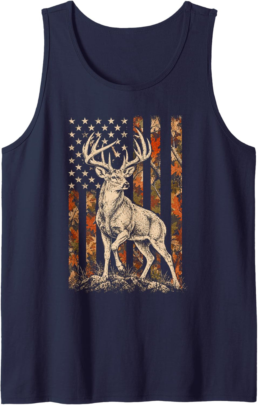 Autumn American Flag Vintage Buck Deer Hunting Camouflage Sleeveless Tank Top - Navy Blue