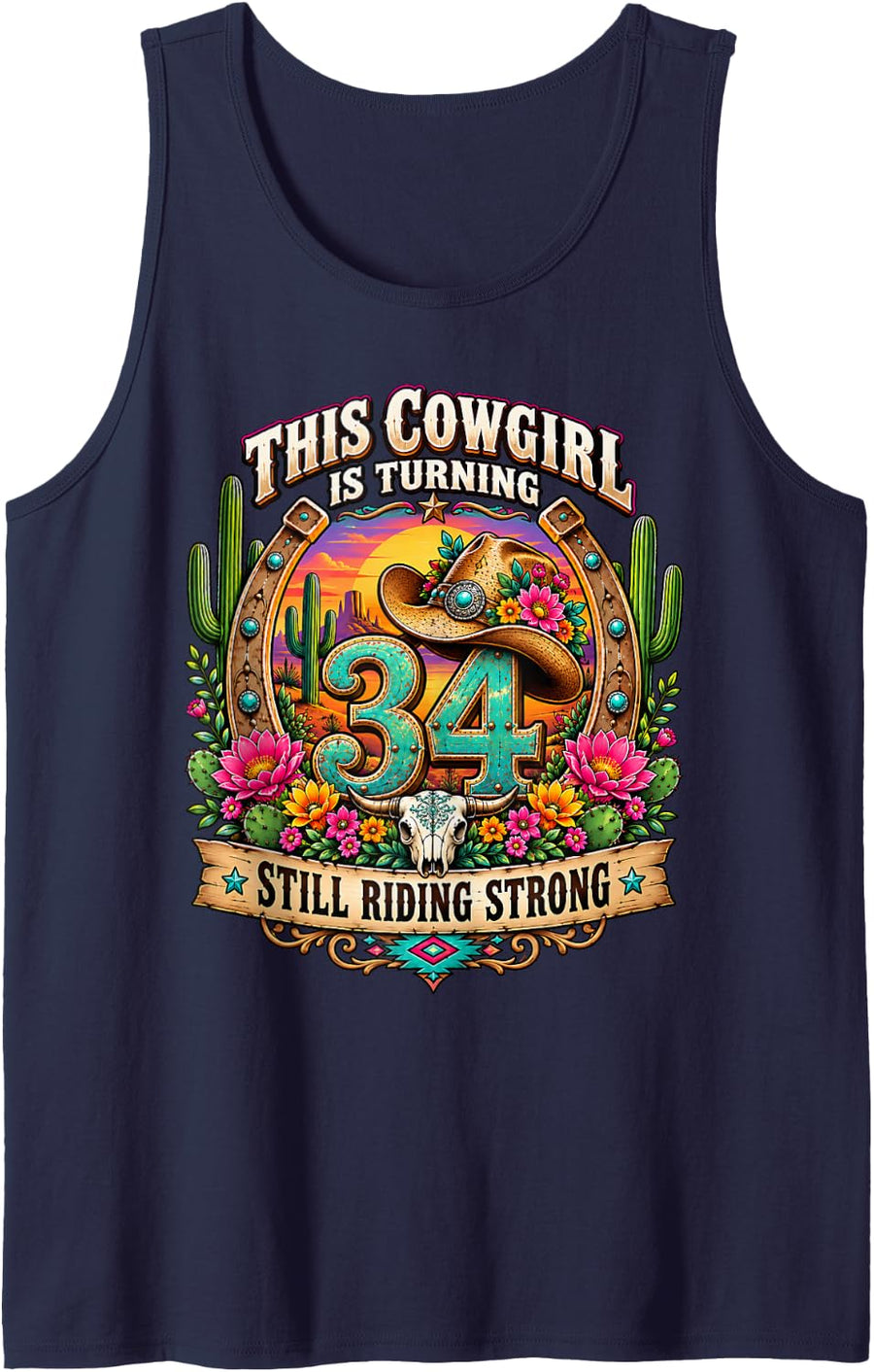 34th Birthday Cowgirl 34 Year Old Country Western Girl Women Sleeveless Tank Top - Navy Blue