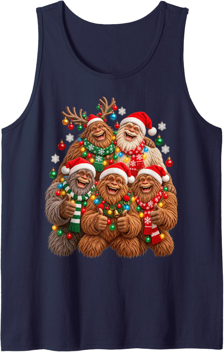 Christmas Lights Bigfoot Santa Funny Xmas Trees Sleeveless Tank Top - Navy Blue