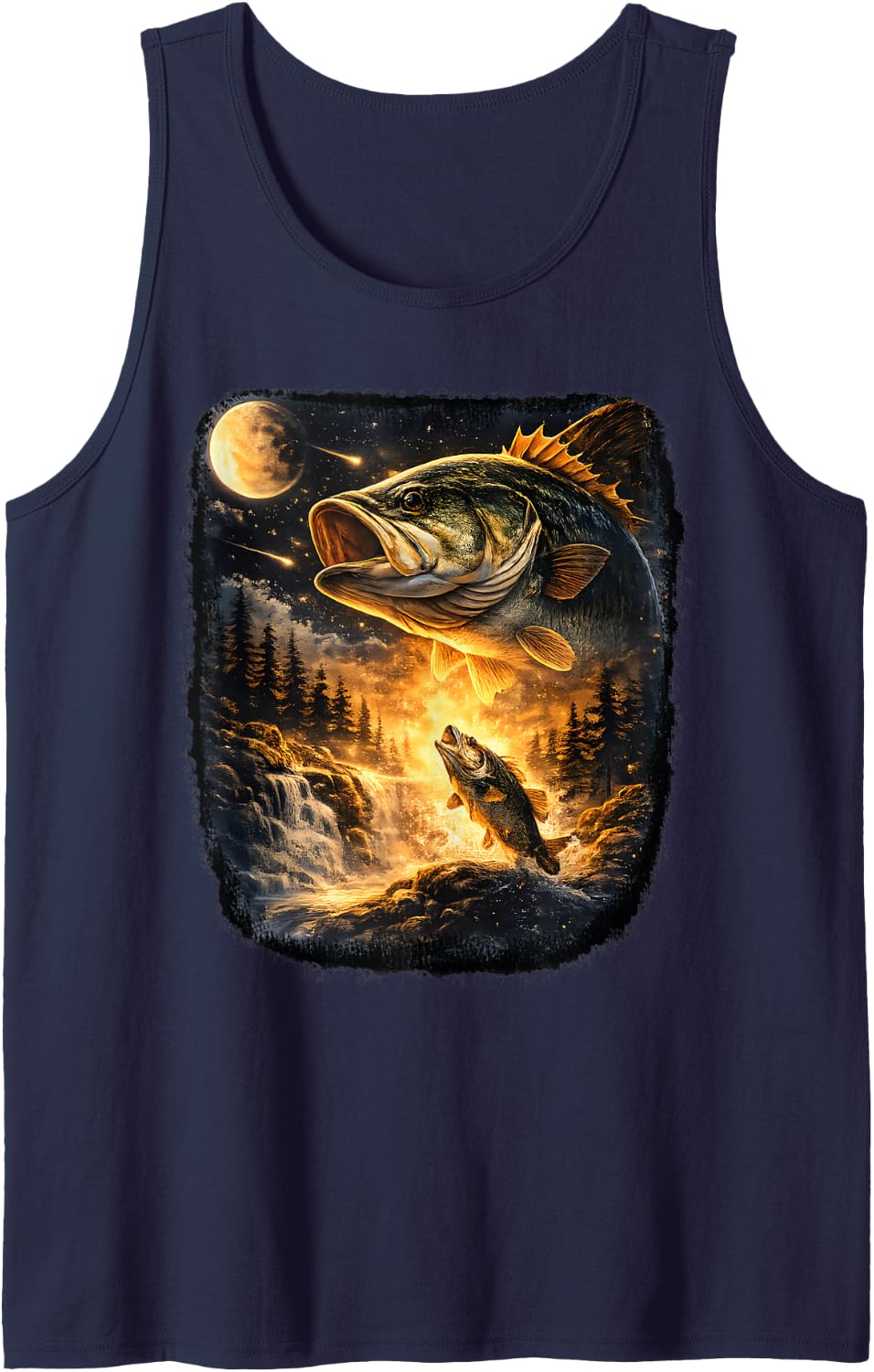 Bass Fish Howling to The Moon Vintage Angler Fisherman Men Tank Top - Navy Blue