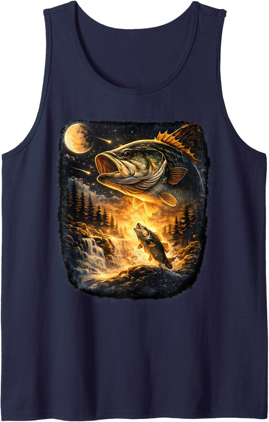Bass Fish Howling to The Moon Vintage Angler Fisherman Men Tank Top - Navy Blue