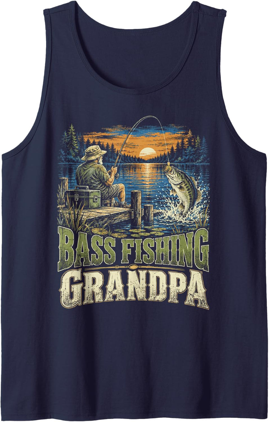 Fishing Bass Season Dock Sunset Rod Reel Outdoor Lake Sleeveless Tank Top - Navy Blue