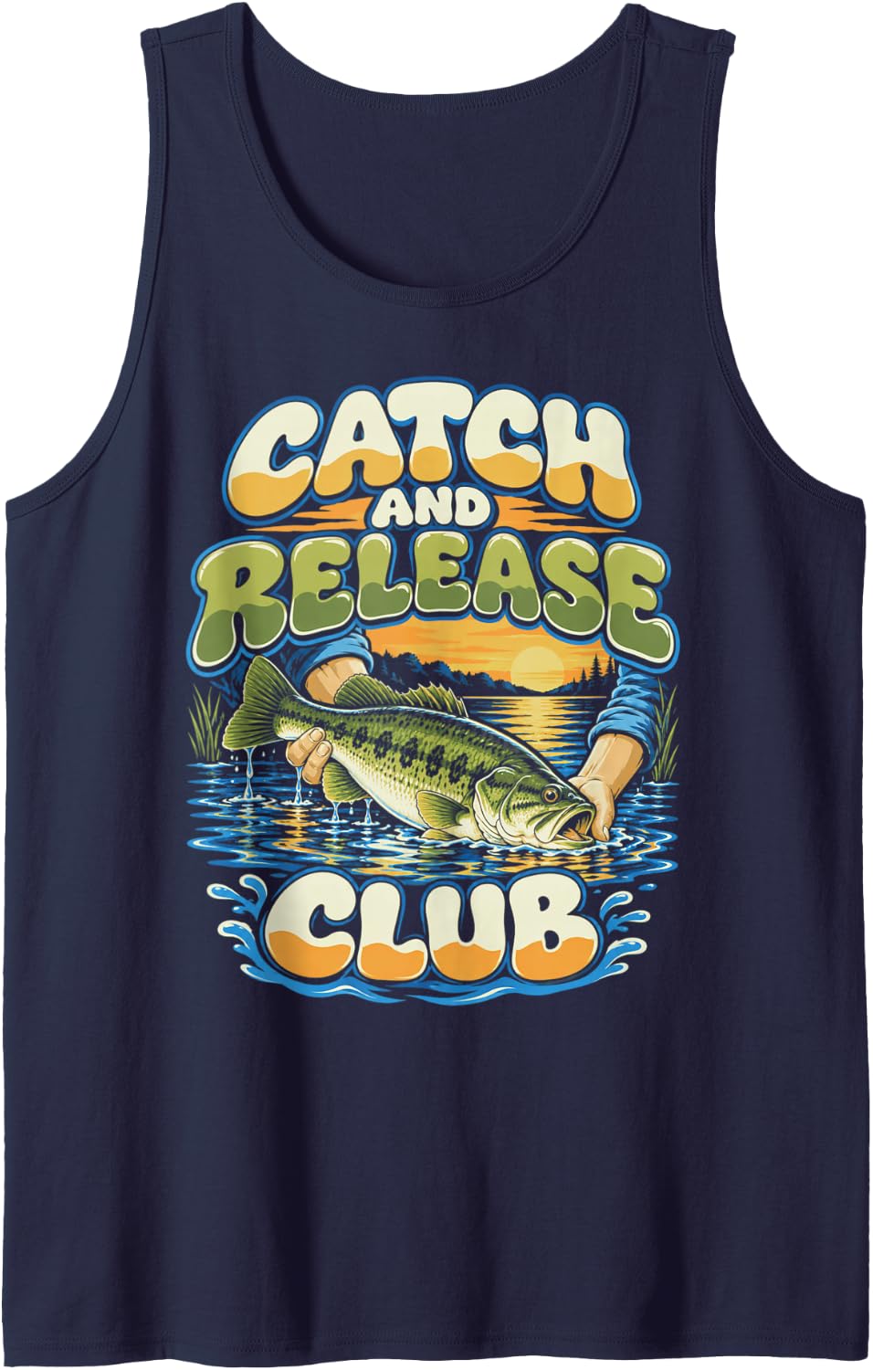 Fishing Bass Season Catch and Release Club Lake Sunset Sleeveless Tank Top - Navy Blue