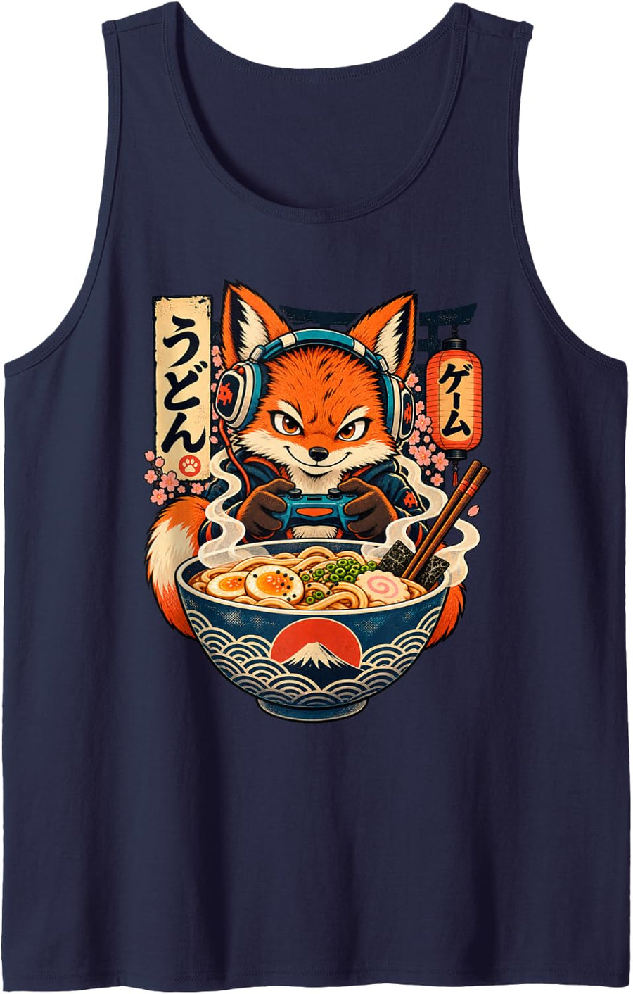 Fox Gamer Ramen Japanese Anime Gaming Boys Sleeveless Tank Top - Navy Blue
