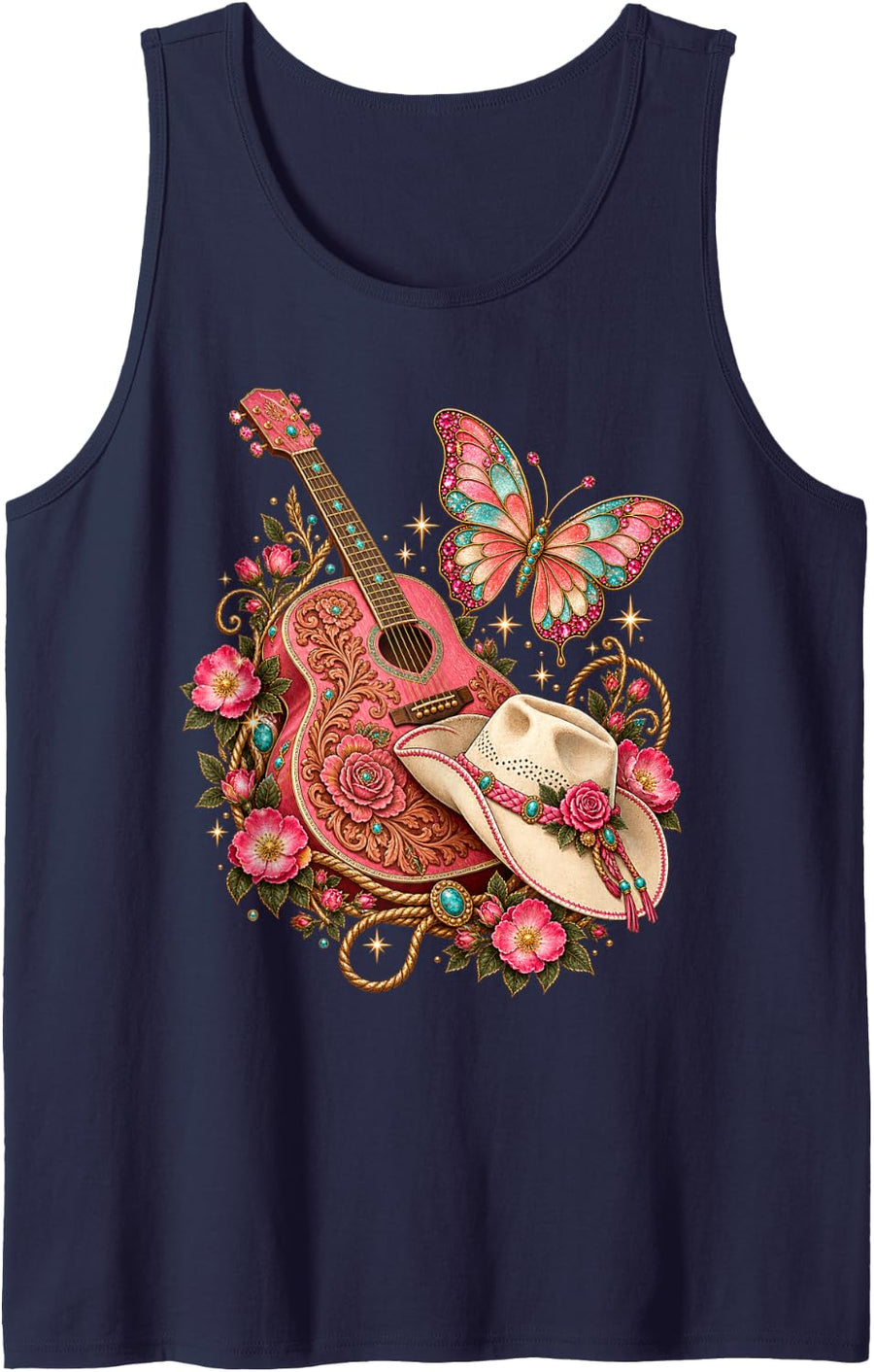 Pink Cowgirl Guitar Butterfly Western Country Music Sleeveless Tank Top - Navy Blue