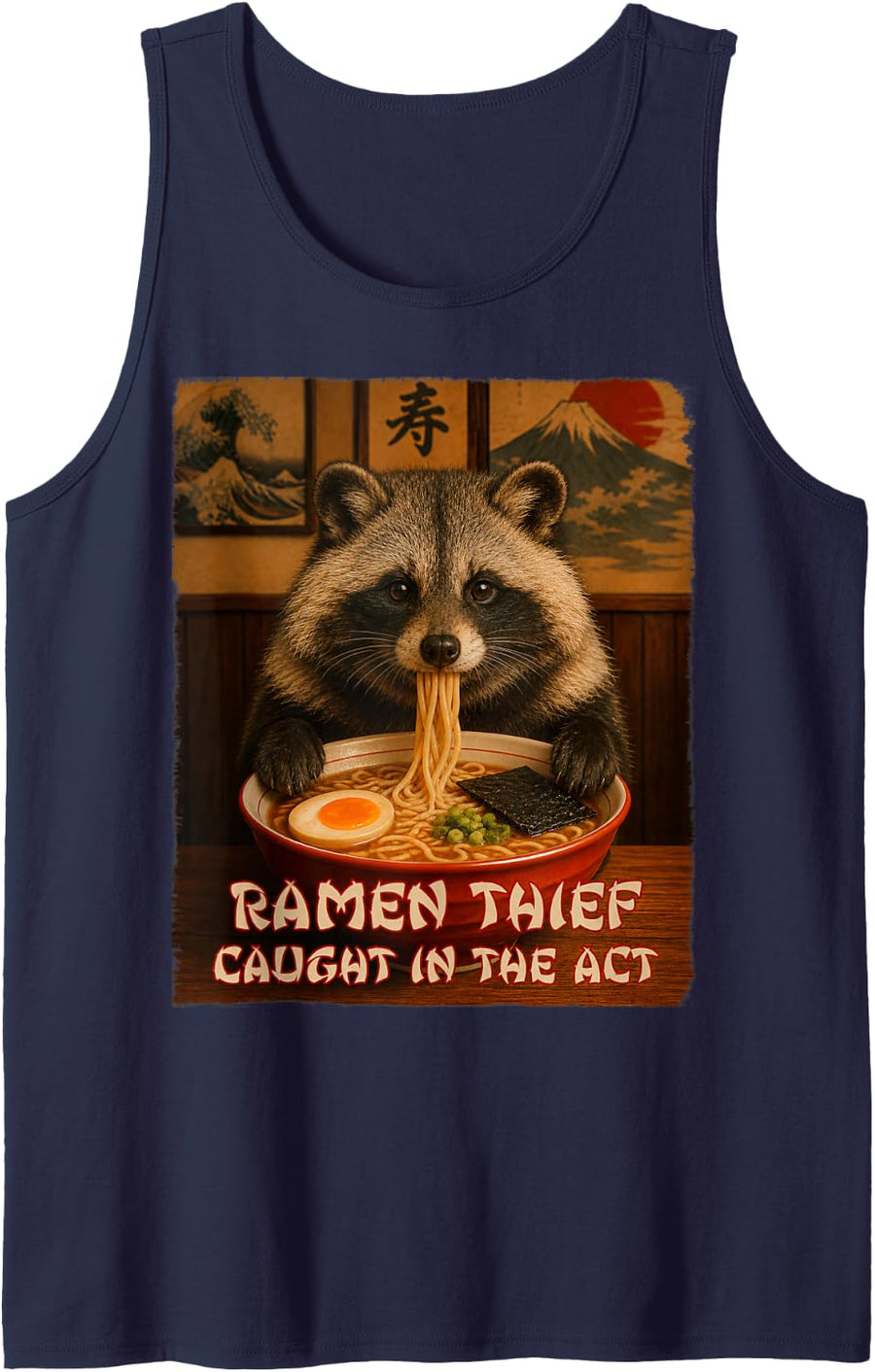 Funny Tanuki Raccoon Dog Graphic Tee - Ramen Thief Tank Top - Navy Blue