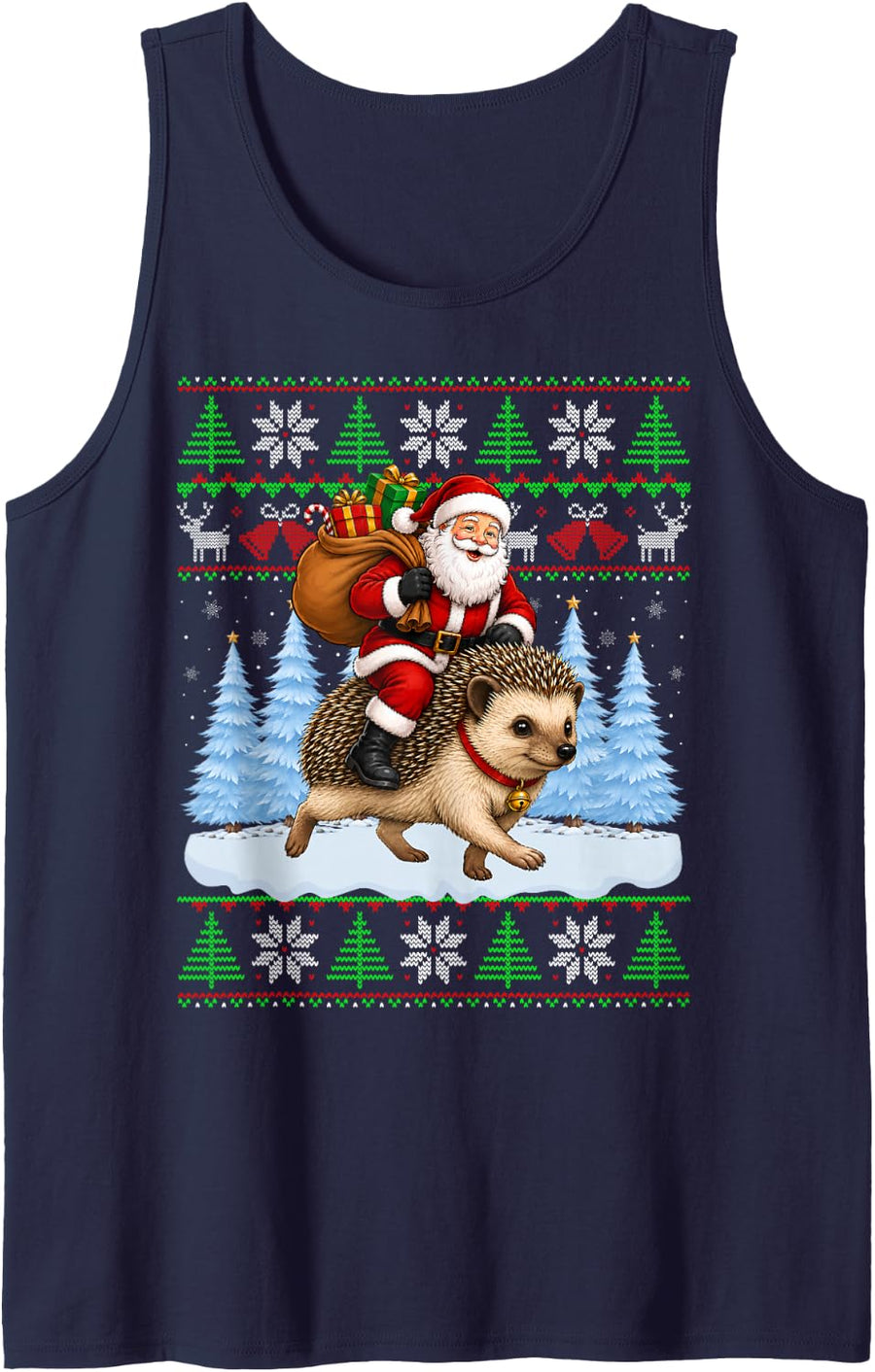 Ugly Xmas Sweaters Funny Santa Riding Hedgehog Christmas Sleeveless Tank Top - Navy Blue