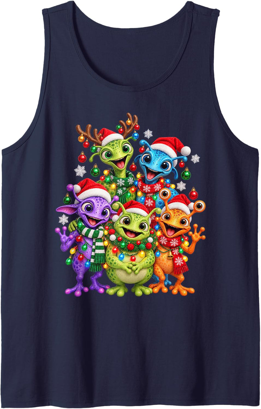 Christmas Lights Alien Santa Funny Xmas Trees Sleeveless Tank Top - Navy Blue
