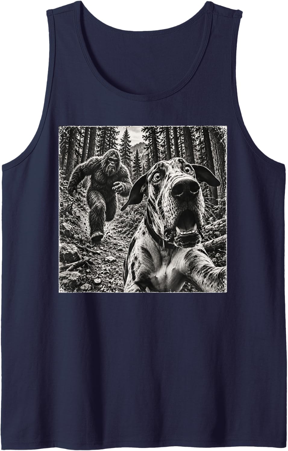Great Dane Running from Bigfoot Funny Forest Vintage Sleeveless Tank Top - Navy Blue