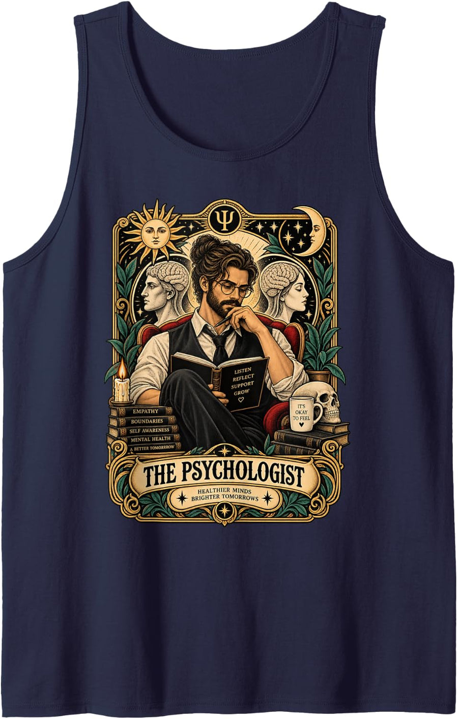 Psychologist Therapist Vintage Tarot Mental Health Portrait Sleeveless Tank Top - Navy Blue