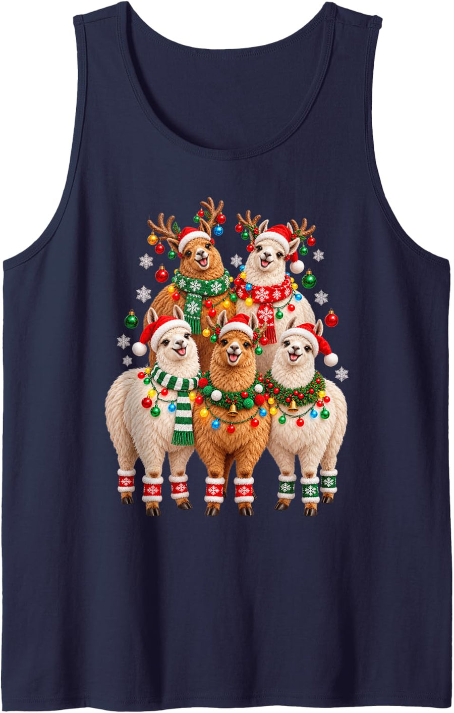 Christmas Lights Llama Santa Funny Xmas Trees Sleeveless Tank Top - Navy Blue