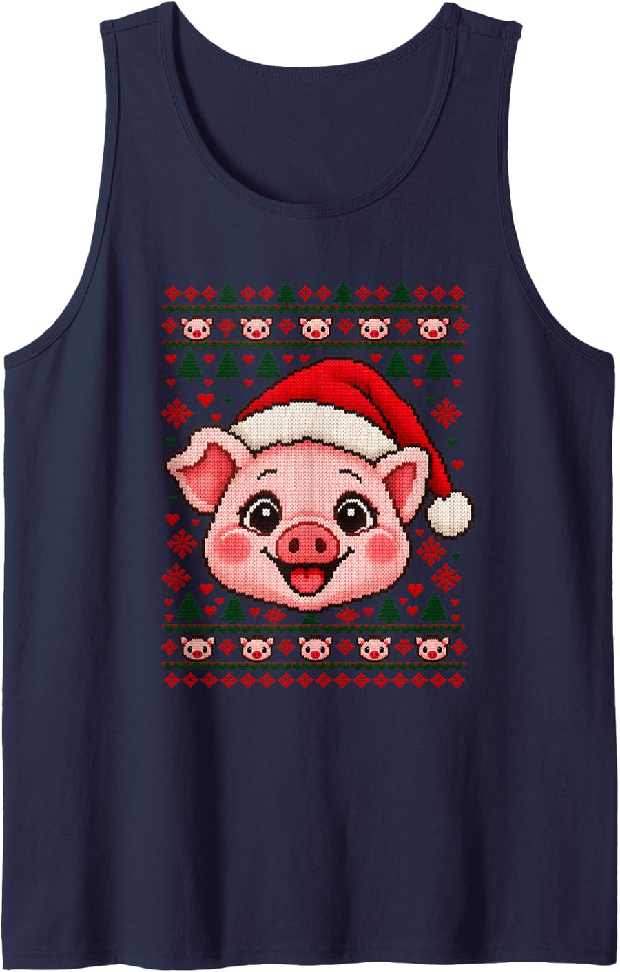 Happy Pig Christmas Dog Santa Hat Ugly Sweater Sleeveless Tank Top - Navy Blue