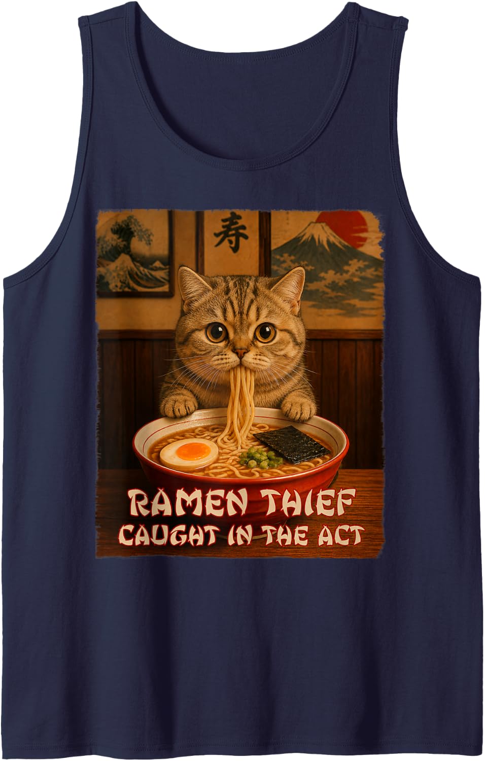 Ramen Cat - Munchkin Cat - Ramen Thief - Grunge Tank Top - Navy Blue